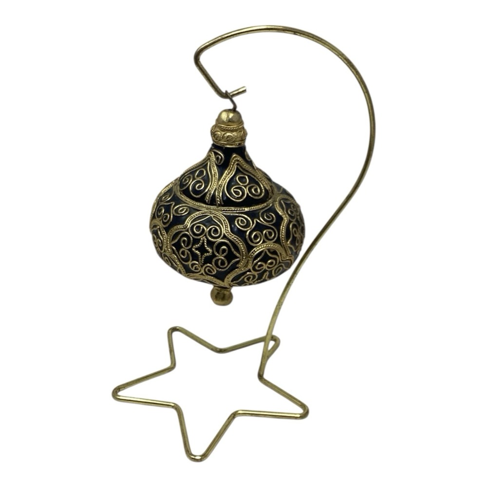 Cloisonné Christmas Ornament Brass Inlay Black Enamel Moroccan Style Heavy Duty